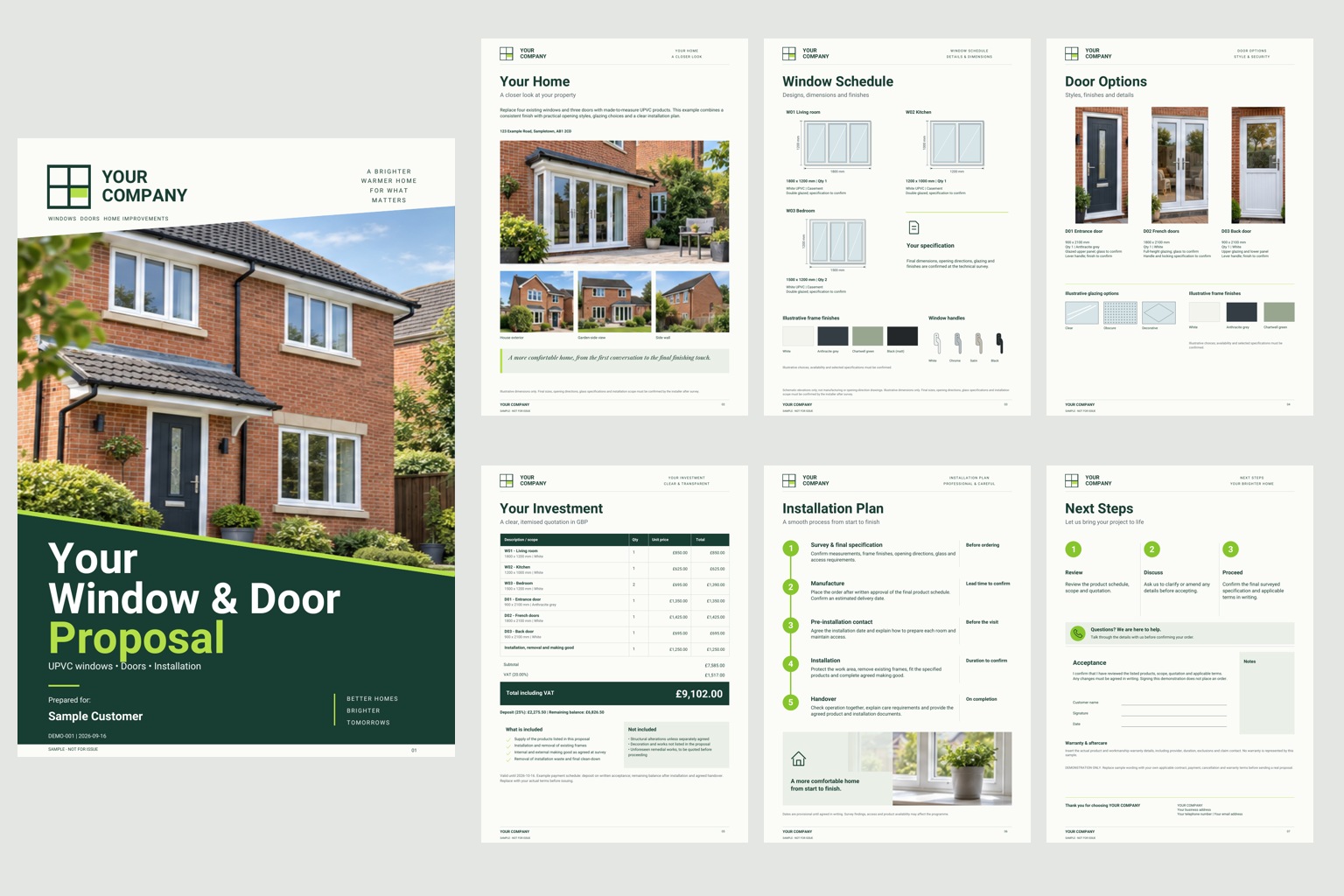 All seven pages of the Forest Architectural proposal: cover, property, windows, doors, quotation, installation and acceptance