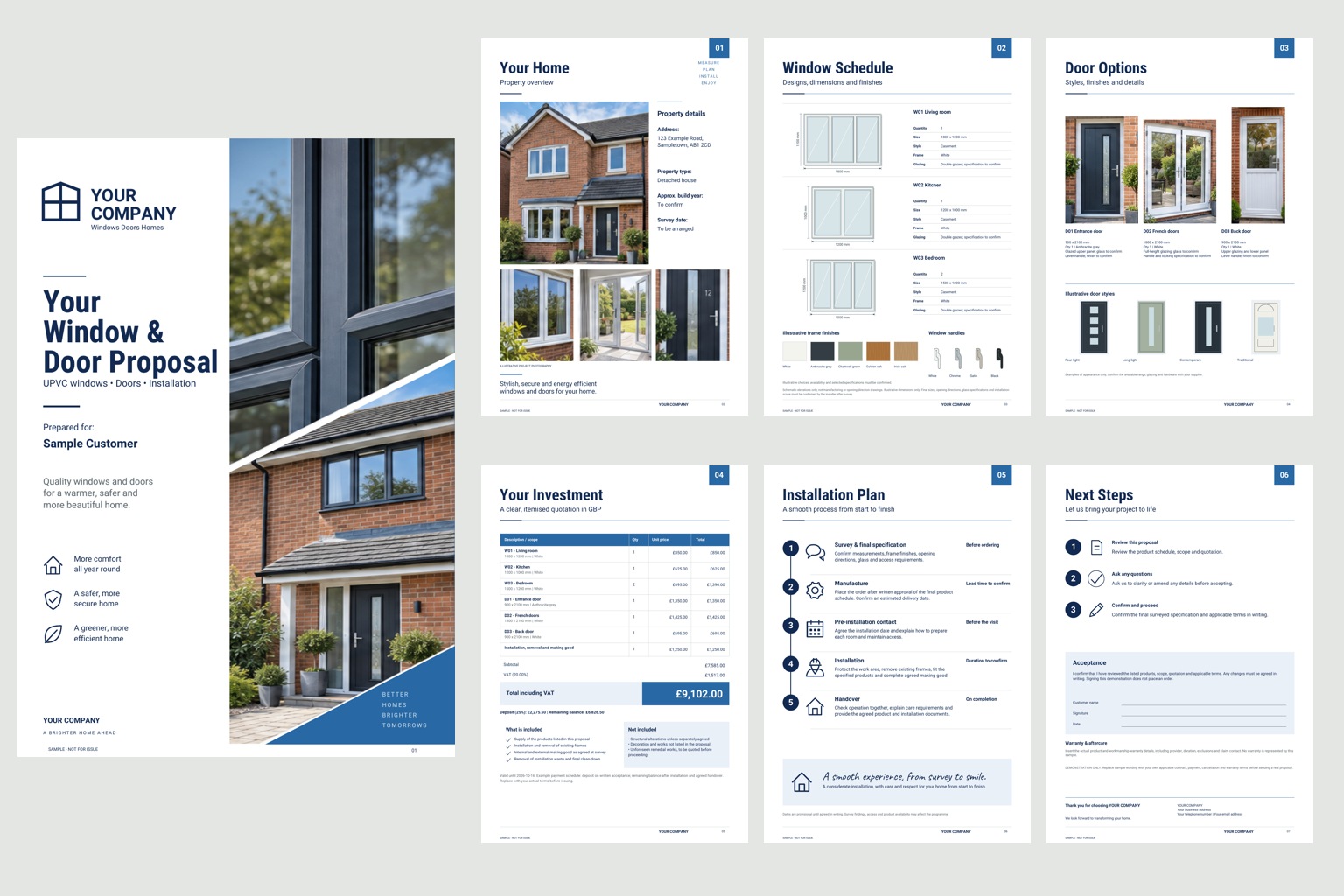 All seven pages of the Navy Precision proposal: cover, property, windows, doors, quotation, installation and acceptance