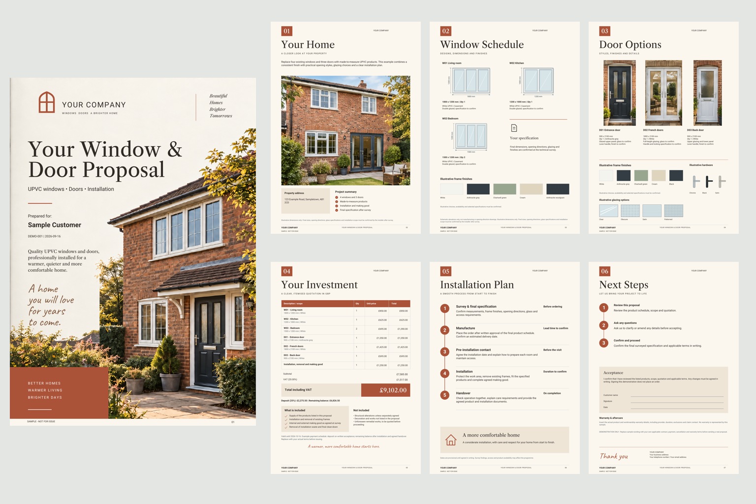 All seven pages of the Warm Home proposal: cover, property, windows, doors, quotation, installation and acceptance