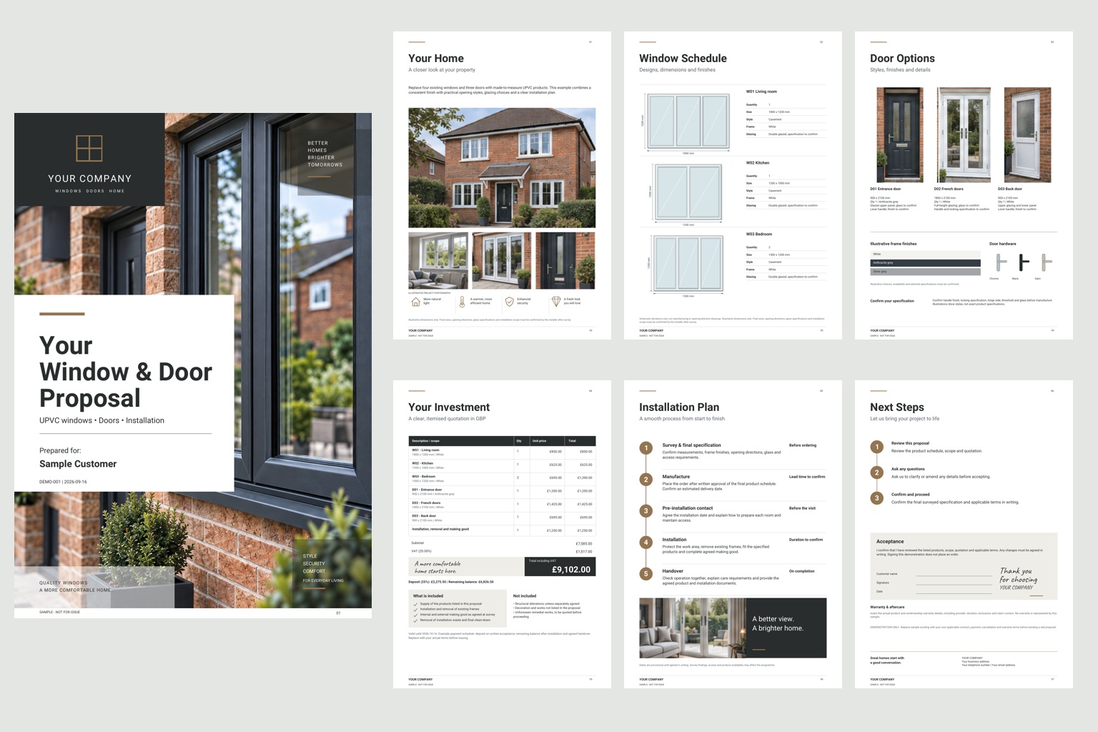 All seven pages of the Monochrome Premium proposal: cover, property, windows, doors, quotation, installation and acceptance