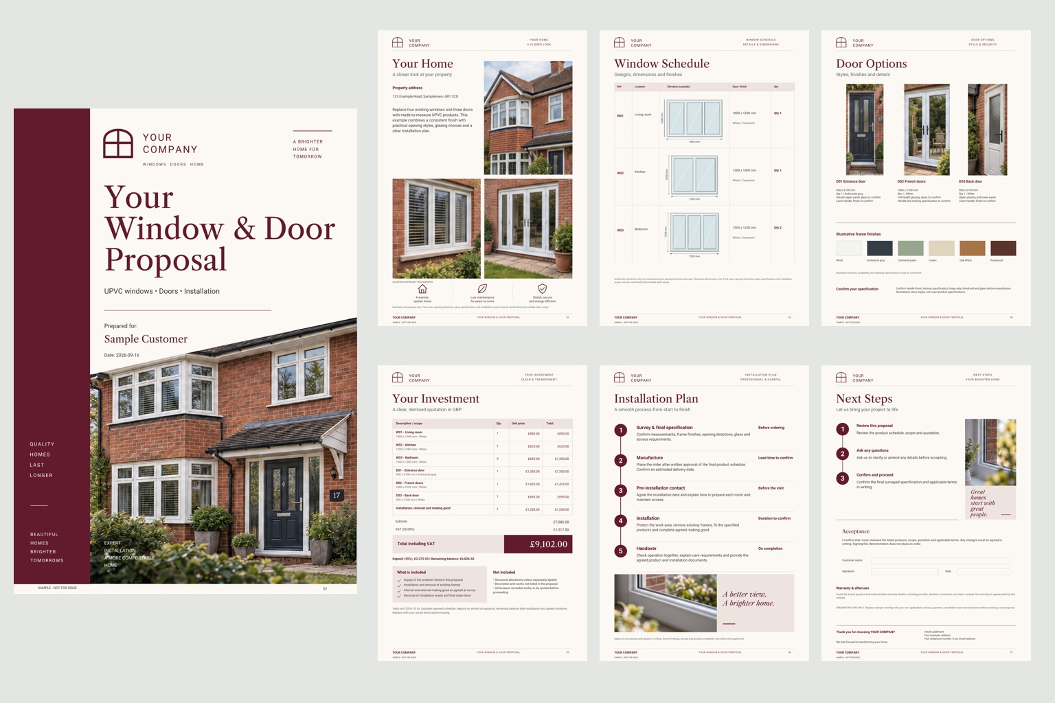 All seven pages of the Burgundy Editorial proposal: cover, property, windows, doors, quotation, installation and acceptance