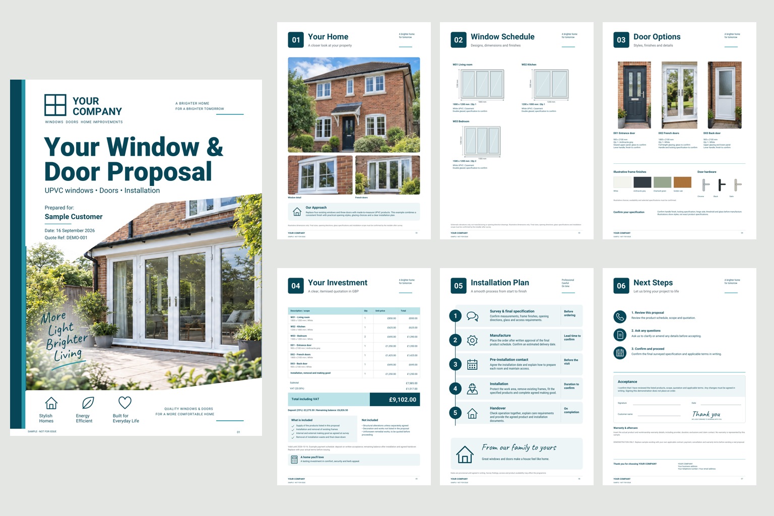 All seven pages of the Teal Contemporary proposal: cover, property, windows, doors, quotation, installation and acceptance