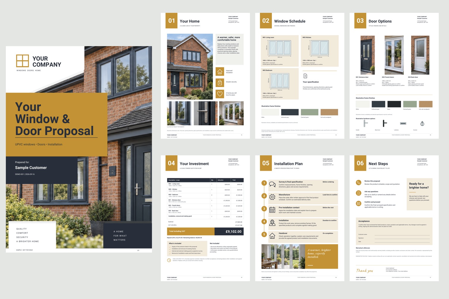 All seven pages of the Ochre Geometric proposal: cover, property, windows, doors, quotation, installation and acceptance