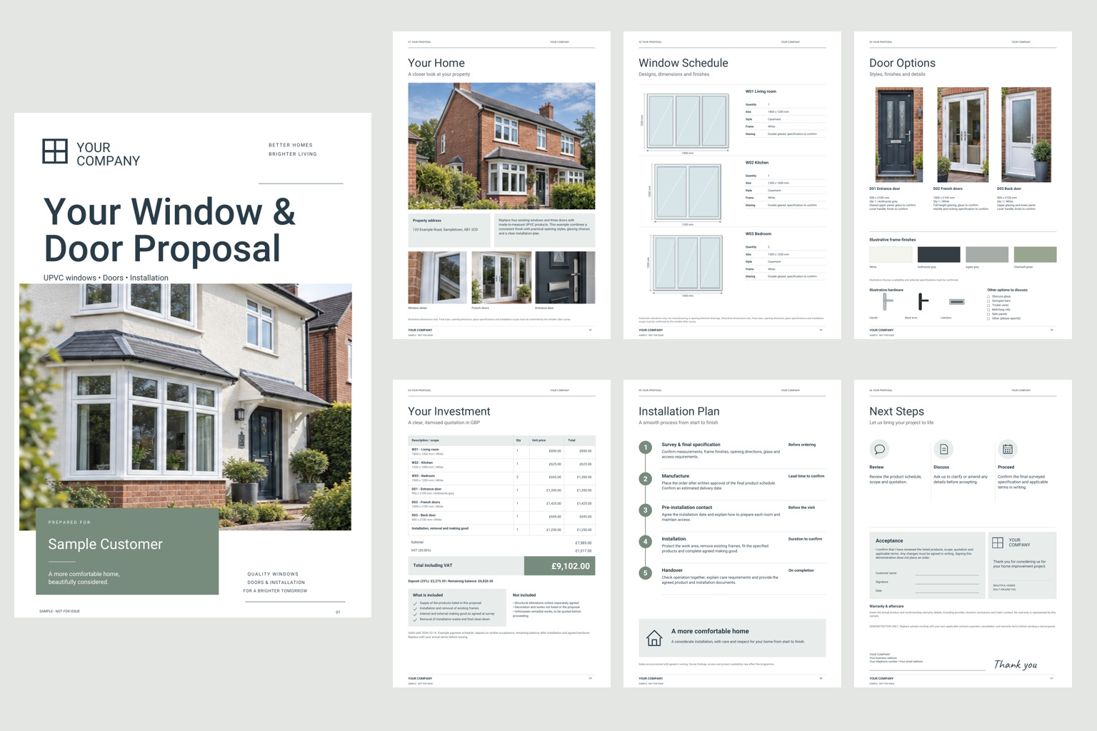 All seven pages of the Slate Minimal proposal: cover, property, windows, doors, quotation, installation and acceptance