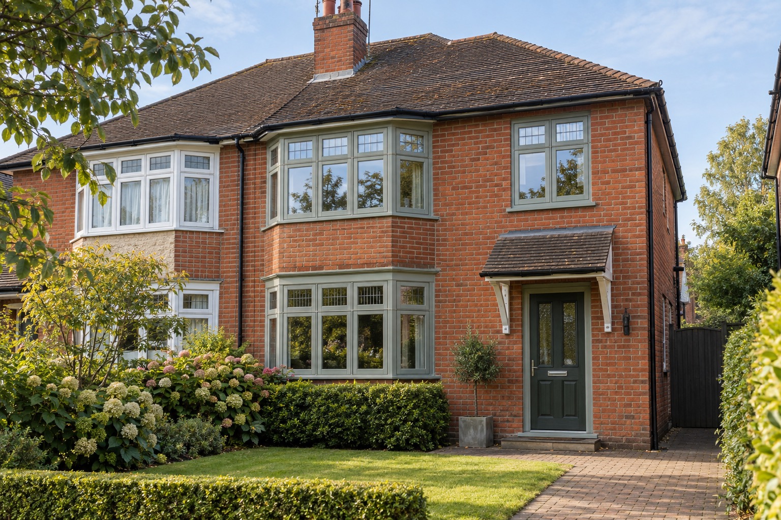 Red-brick home with sage window frames and a matching front door